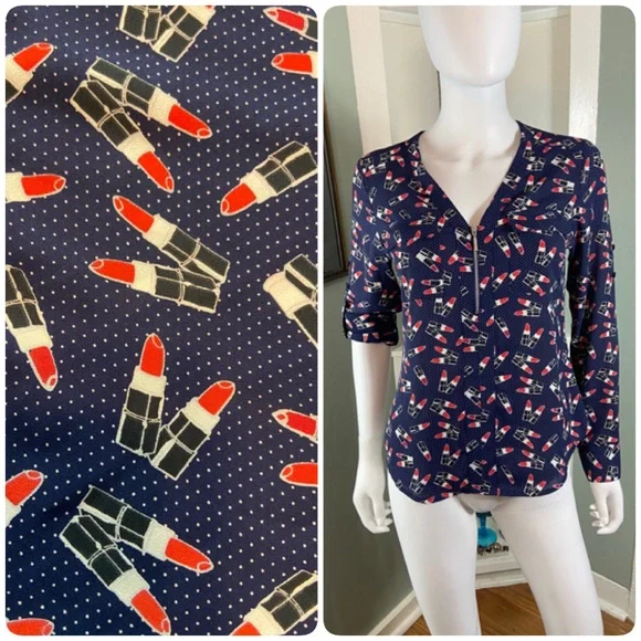 NWT New Express Novelty Navy Blue Lipstick Women's Top shirt blouse xs XSmall - Picture 1 of 14